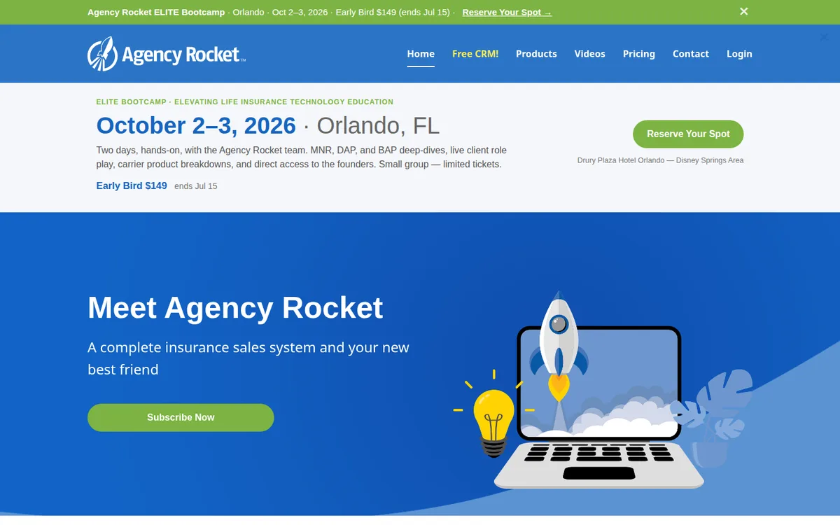 Agency Rocket public homepage presenting its insurance sales platform
