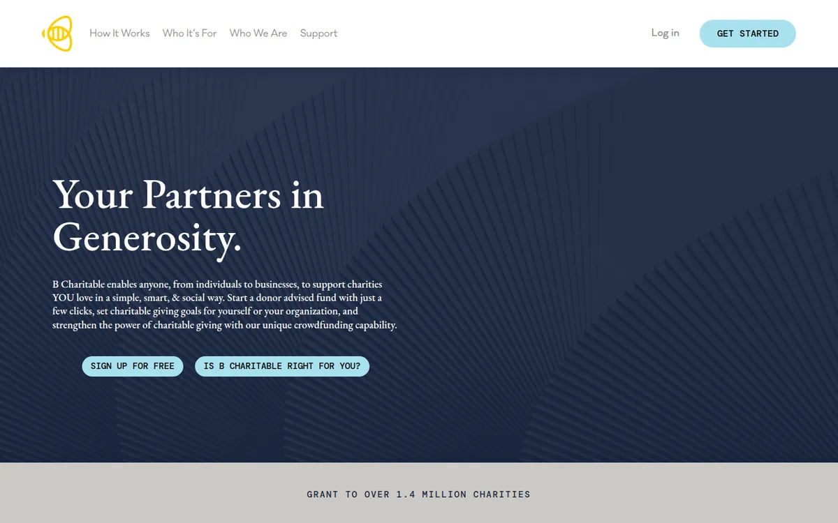 B Charitable public homepage introducing its donor-advised fund platform