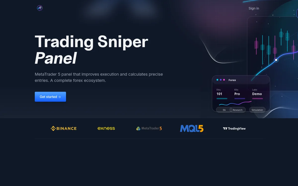 Trading Sniper Panel public landing page showing its MetaTrader 5 product ecosystem